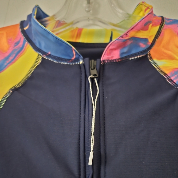 Long Sleeve Navy & Yellow One Piece Rash Guard Zipper Swimsuit NWOT - Picture 2 of 8